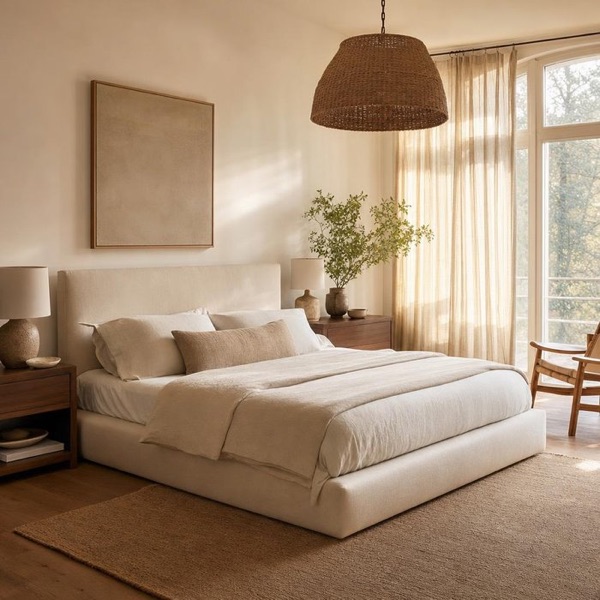 Warm minimal bedroom with linen curtains and a rattan pendant