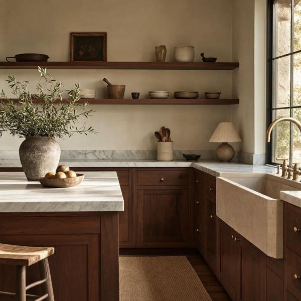 Walnut kitchen with marble counters and a stone sink