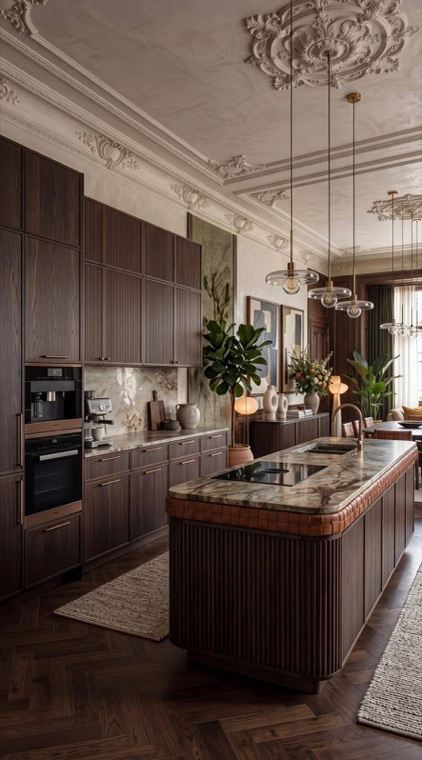 A dark walnut kitchen with a marble island, glass pendants and ornate ceiling mouldings