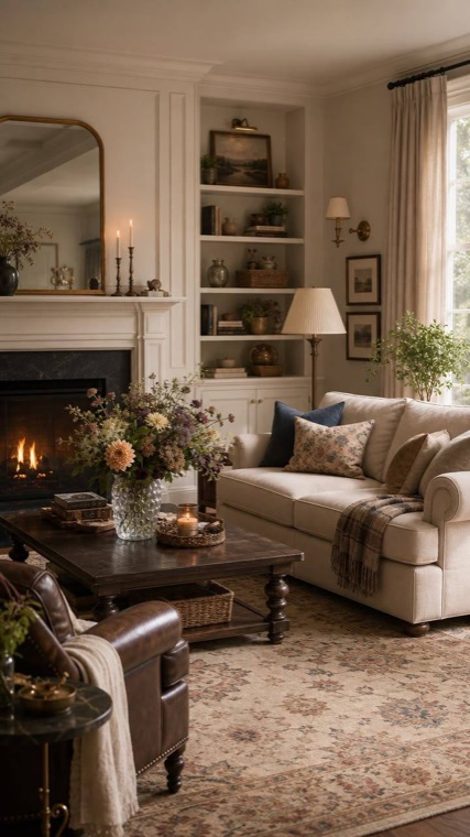 A traditional sitting room with built-in shelves, a patterned rug and a leather armchair