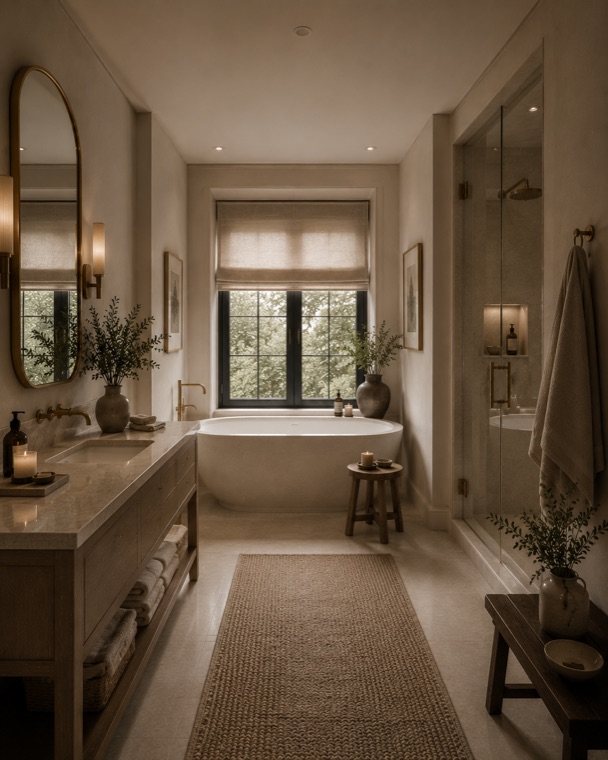 A calm bathroom in travertine with a freestanding tub and brass fittings