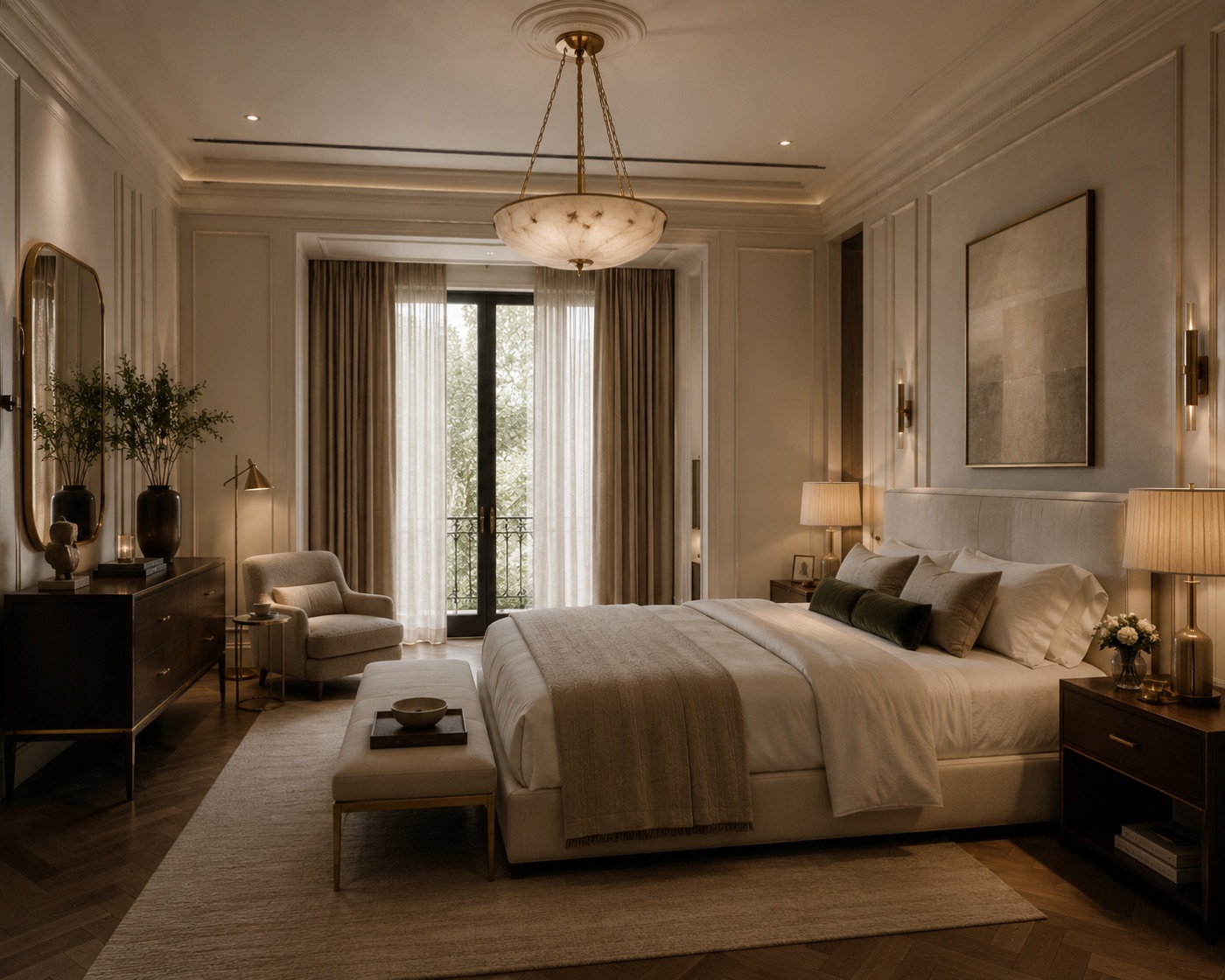 A restyled bedroom: panelled walls, alabaster pendant, walnut nightstands and warm lamplight