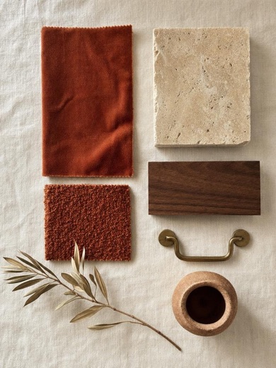 A saved pin: terracotta velvet, travertine, walnut and brass
